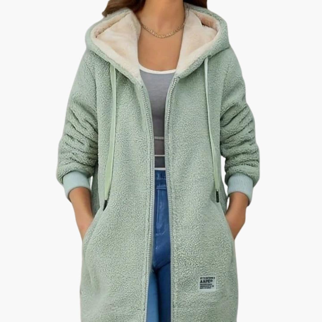 Women's hooded coat zip closure ribbed cuffs textured finish below-hip length with front pockets