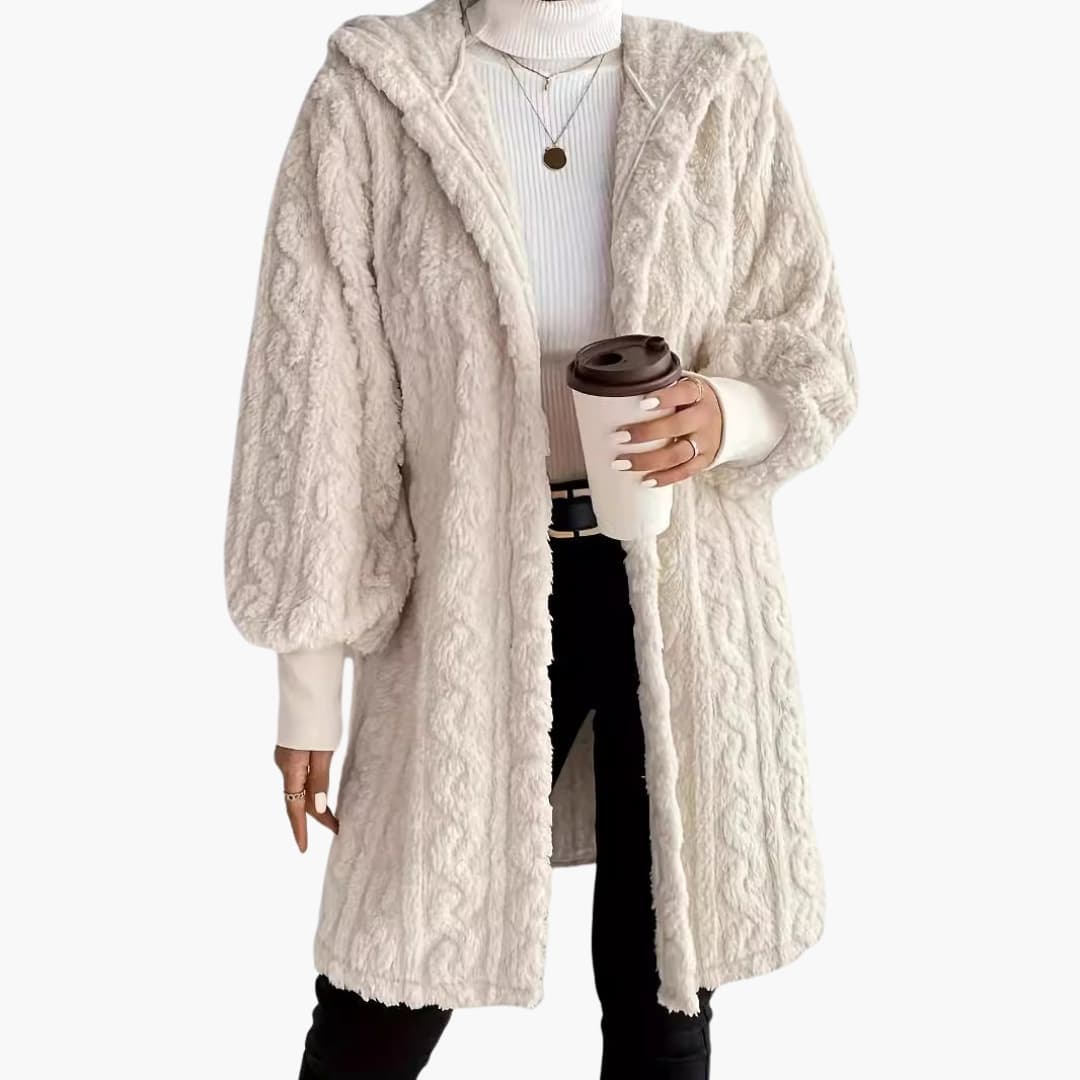 Women's camel plush hooded coat relaxed knee-length silhouette open front layering outerwear