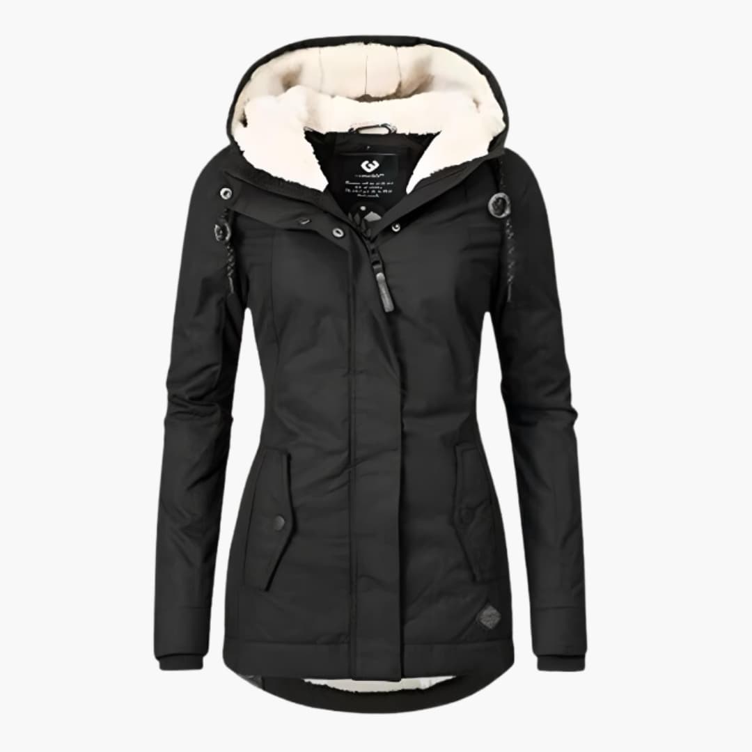 Women's sherpa-lined zip-up hooded coat with snap button flap pockets for cozy versatile style
