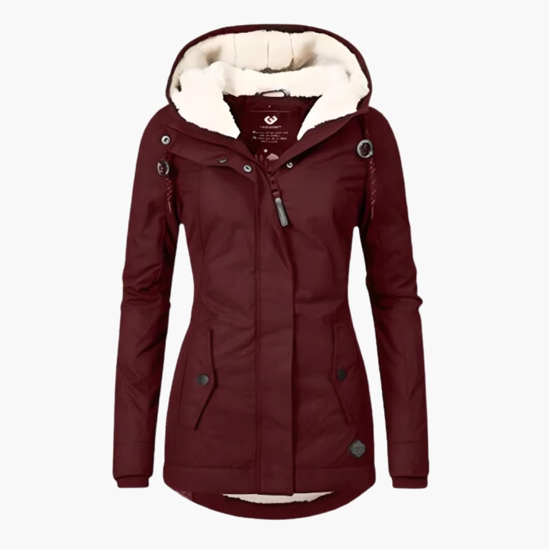 Women's sherpa lined zip-up hooded coat with snap button flap pockets for cozy versatile style
