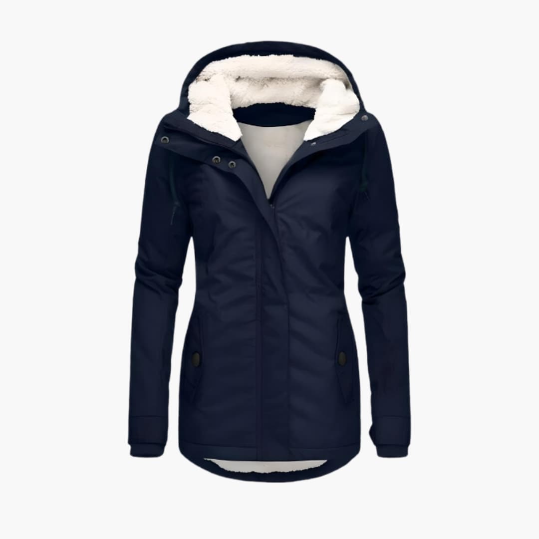 Women's sherpa lined zip-up hooded coat with snap button flap pockets for cozy versatile style