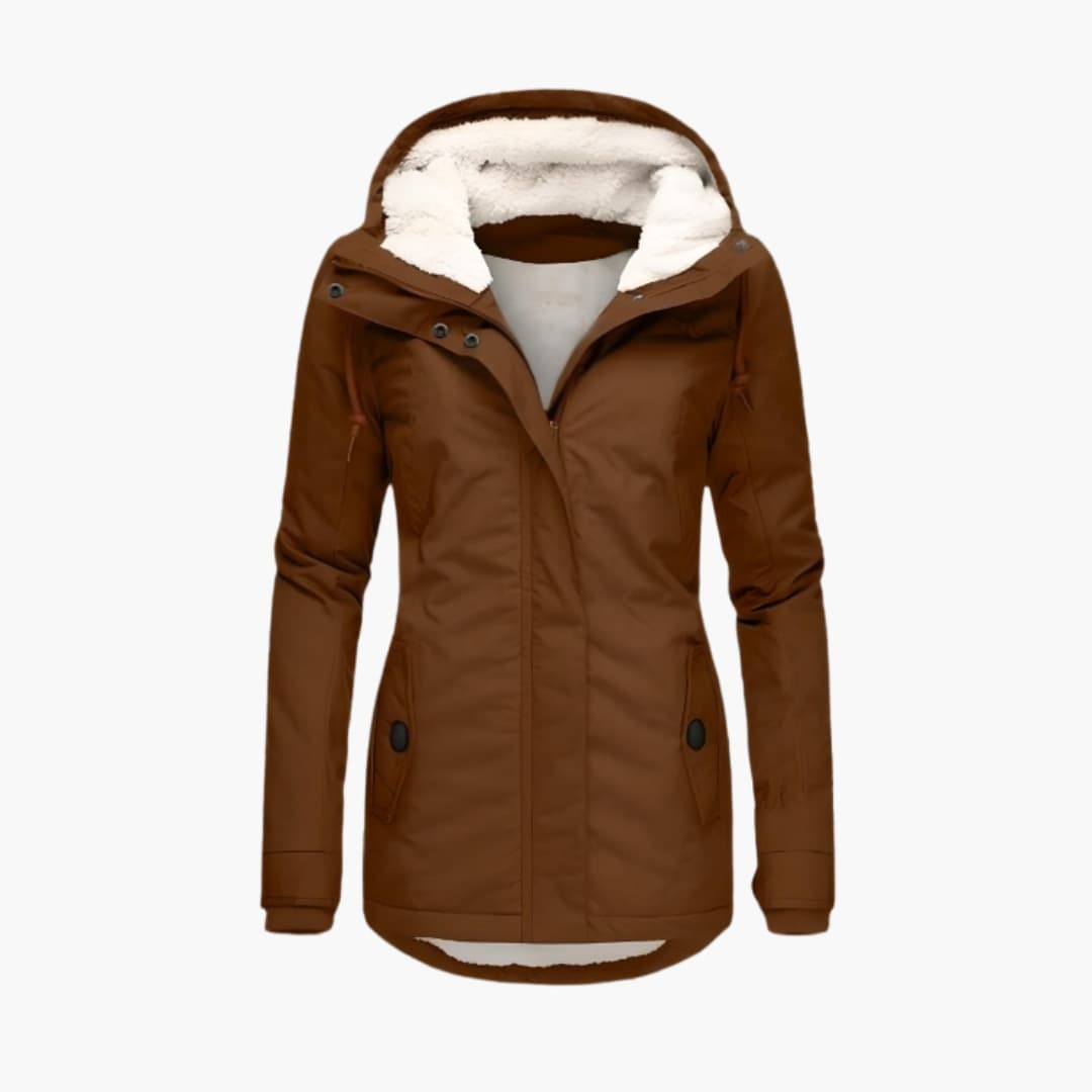 Women's sherpa lined zip-up hooded coat with snap button flap pockets for cozy versatile warmth