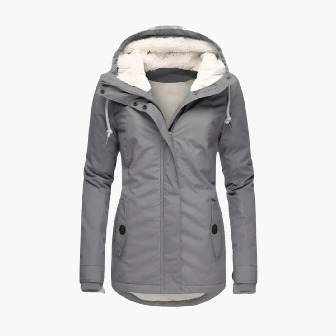Women's sherpa lined zip-up hooded coat with snap button flap pockets for cozy versatile style