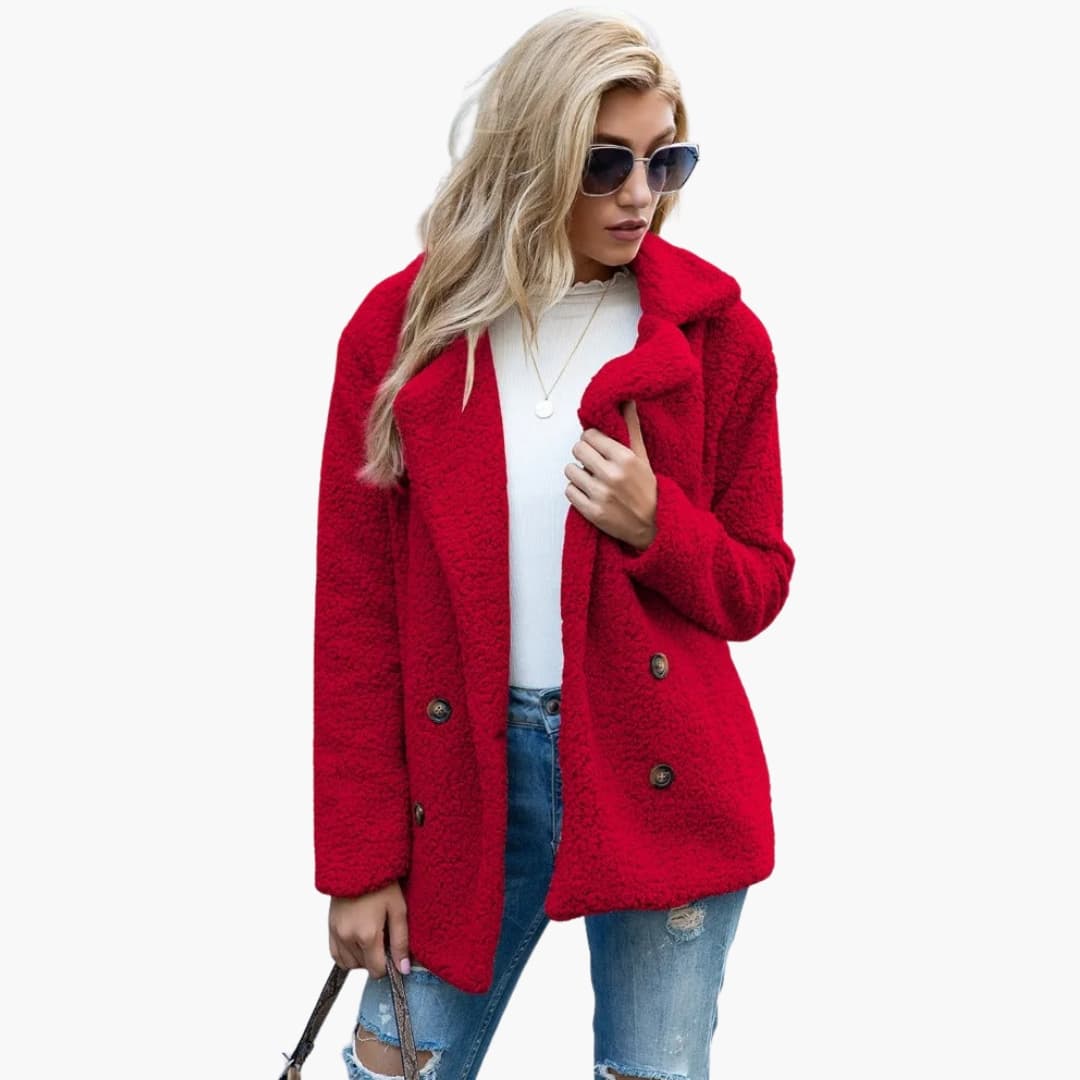 Women's structured mid-length winter coat with lapel collar, button closure, and side pockets