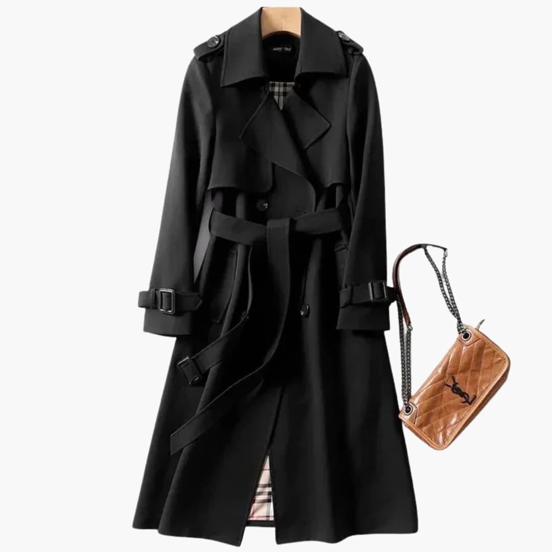 Women's camel double-breasted mid-length coat with notched collar, textured woven fabric and side pockets