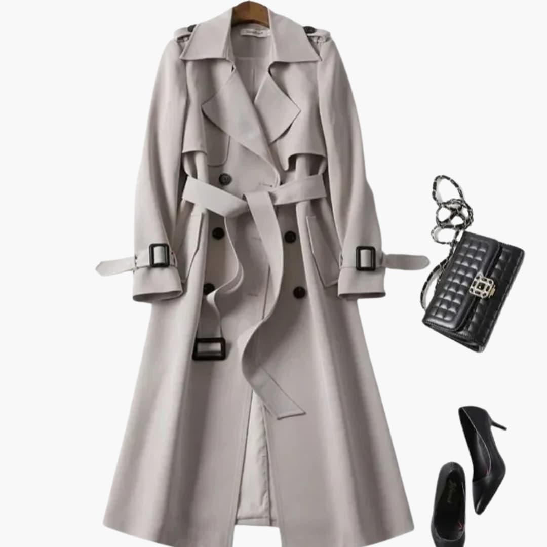 Women's double-breasted mid-length coat notched collar textured woven fabric side pockets timeless silhouette