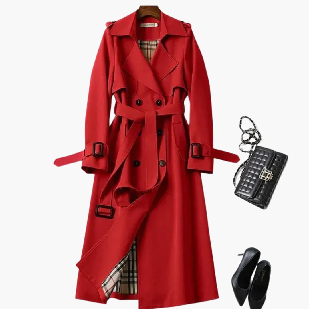 Women's double-breasted mid-length coat with notched collar, side pockets, and textured woven finish