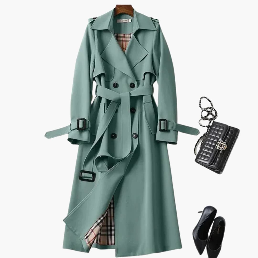 Women's camel double-breasted mid-length coat with notched collar, textured woven fabric and side pockets
