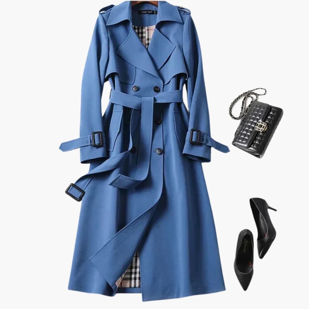 Women's camel double-breasted mid-length coat with notched collar, textured woven fabric and side pockets