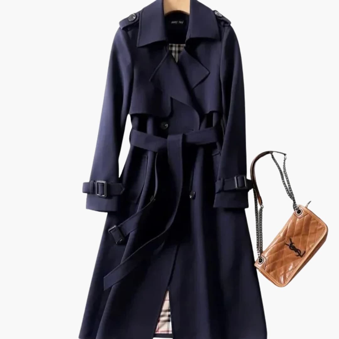 Women's double-breasted mid-length coat, notched collar, textured woven fabric, side pockets, timeless silhouette