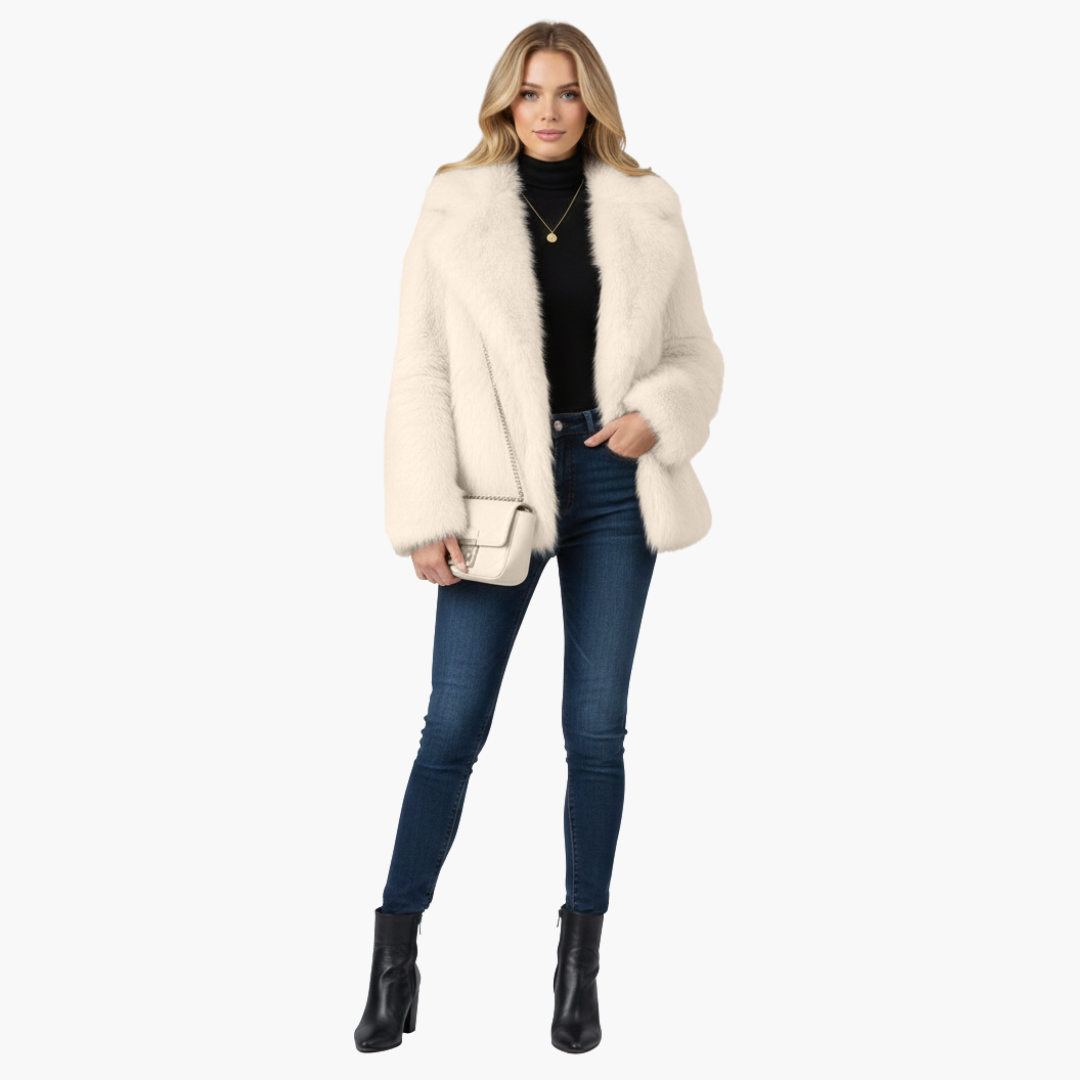 Women's cream faux fur open-front coat with wide lapel collar and textured hip-length silhouette