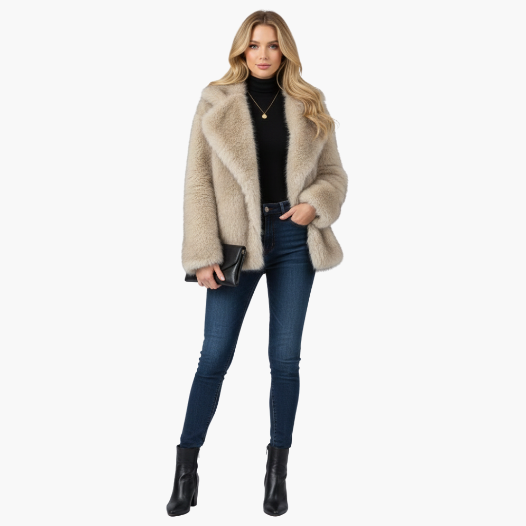 Women's beige textured faux fur open front coat with wide lapel collar, hip length chic silhouette