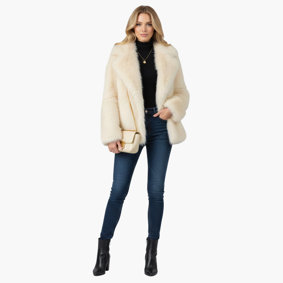 Women's beige faux fur open-front coat with wide lapel collar and textured hip-length silhouette