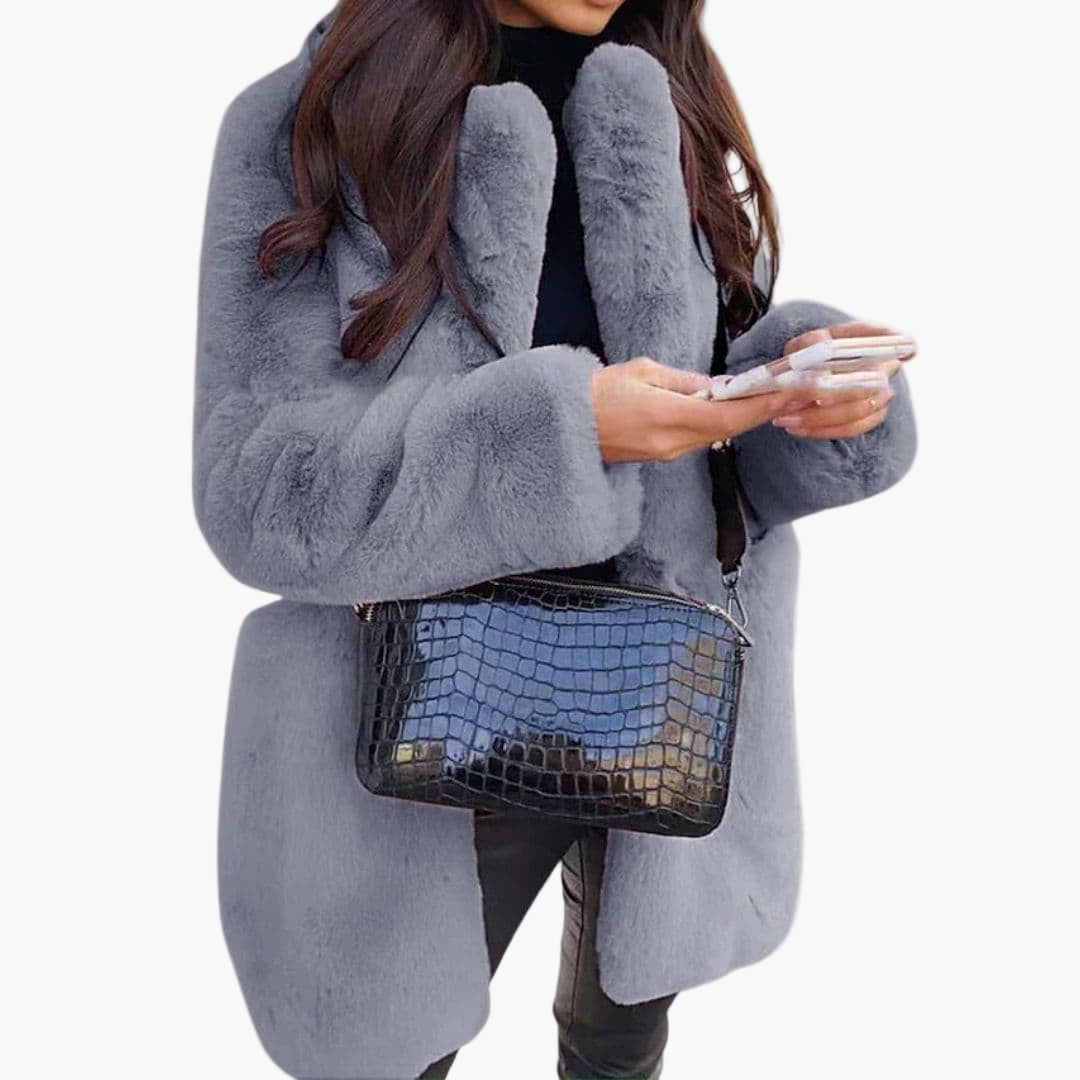 Women's mid-length plush coat structured silhouette textured fabric with discreet hook closure for layering