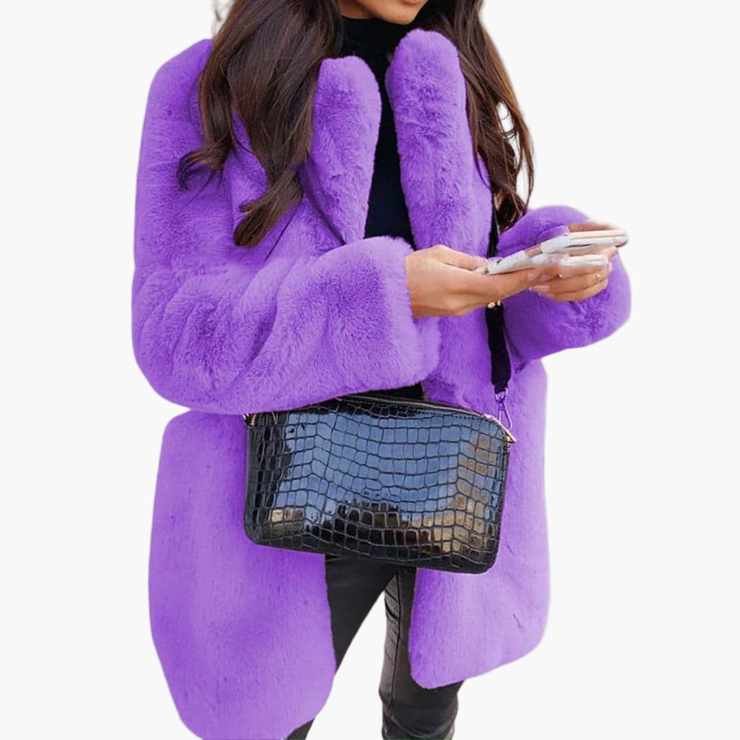 Women's mid-length textured plush coat with hook closure, structured silhouette for versatile layering