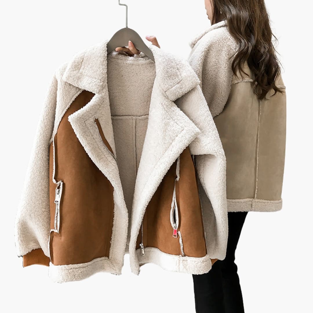 Women's oversized teddy plush coat wide collar zip closure cozy winter style warm beige