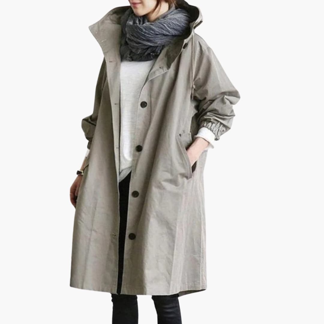 Women's hooded long coat with button closure, side pockets, clean silhouette for everyday elegance