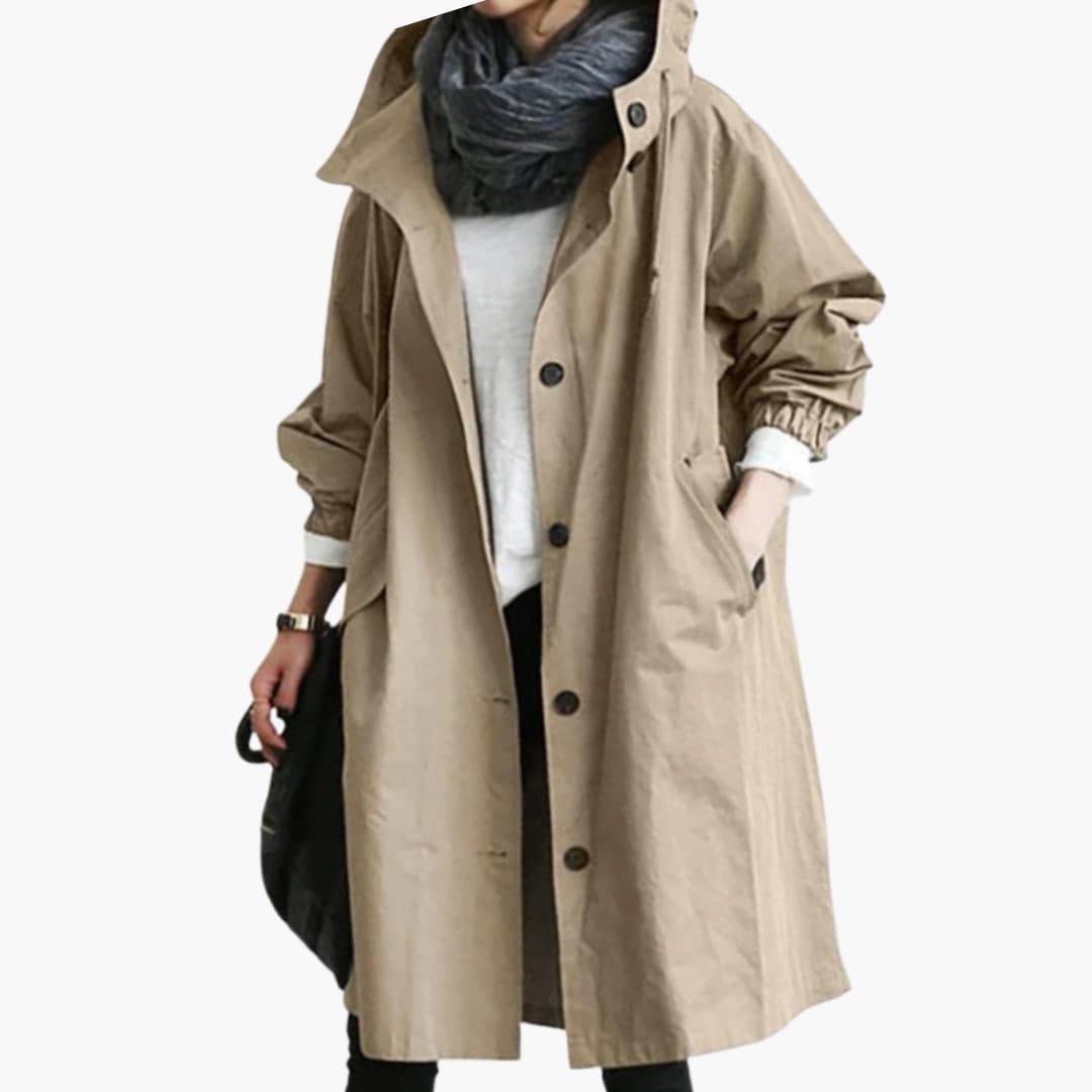 Women's hooded long coat with button closure, side pockets, clean minimalist cut for everyday elegance