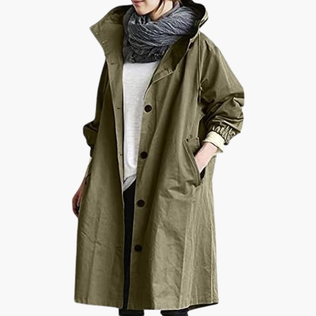 Women's hooded long coat with button closure, side pockets, clean silhouette for everyday elegance