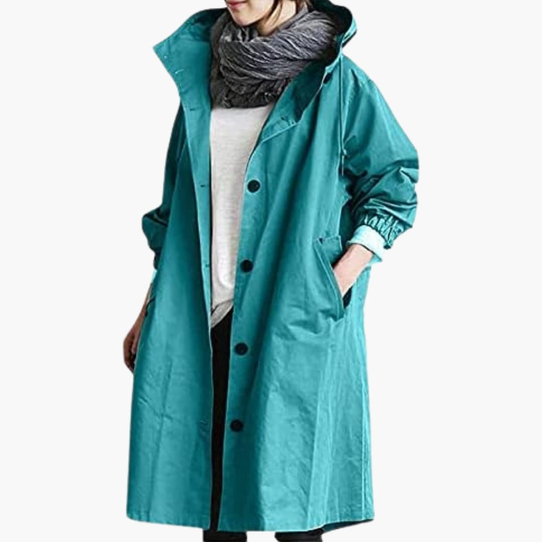 Women's hooded long coat with button closure, side pockets, clean silhouette for everyday elegance