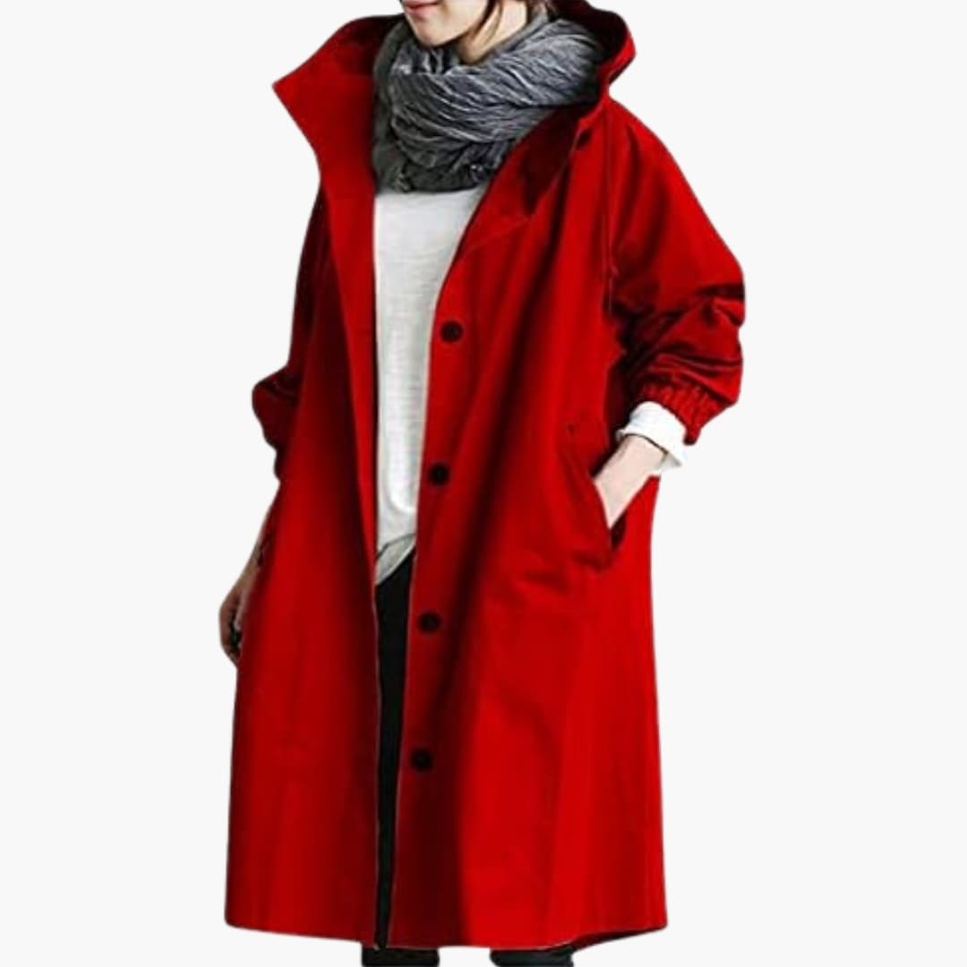 Women's hooded long coat with button closure, side pockets, clean silhouette for everyday elegance
