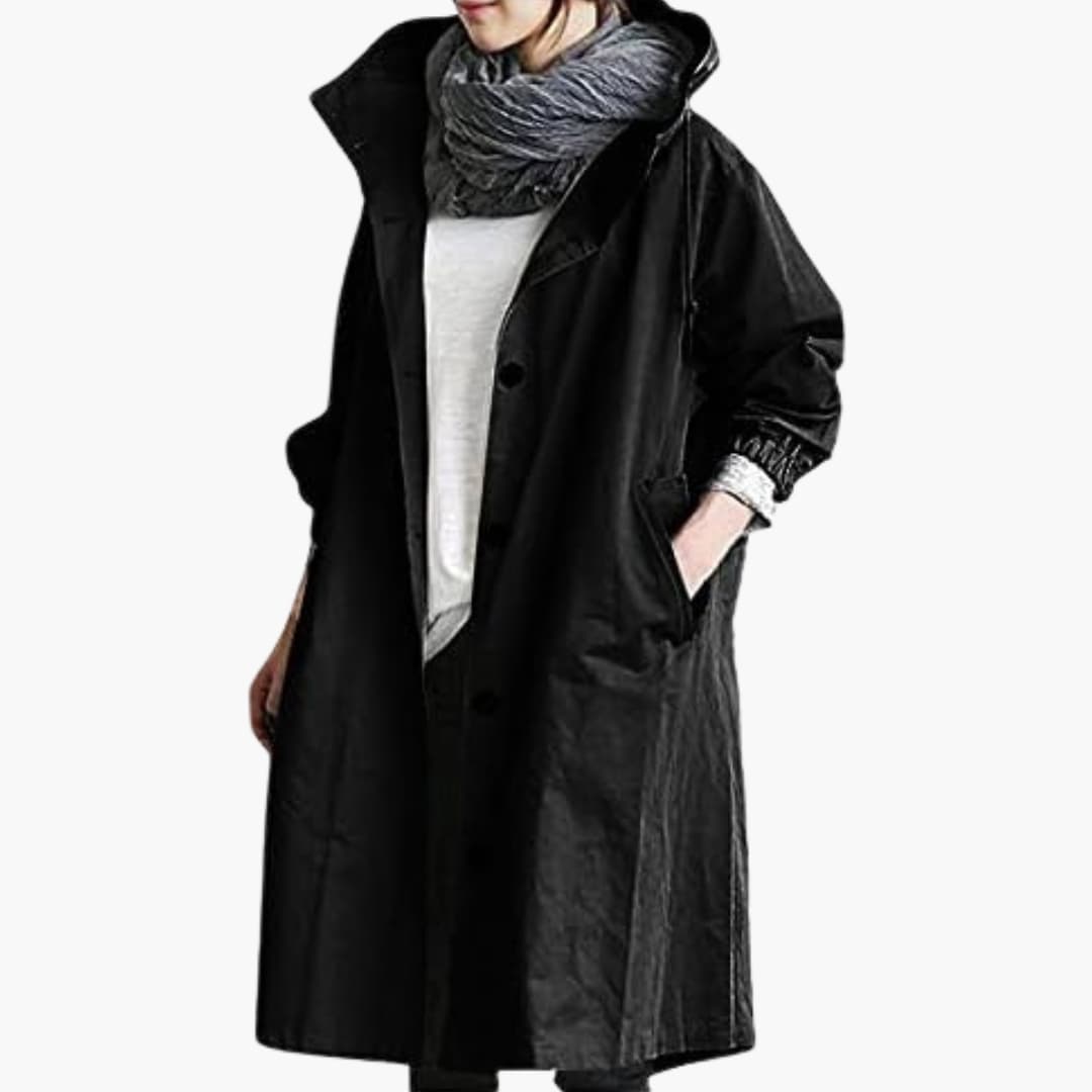 Women's hooded long coat with button closure, side pockets, clean silhouette for everyday elegance