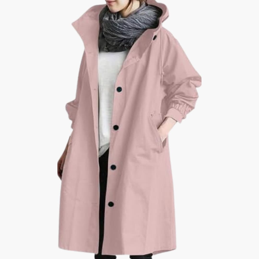 Women's hooded long coat with button closure, side pockets, sleek everyday elegant style