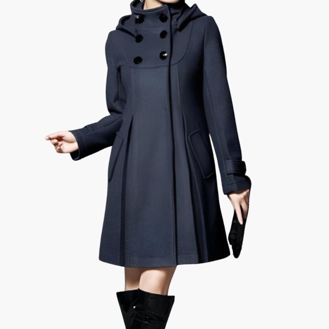 Women's elegant hooded long coat with button closure and pockets, versatile winter outerwear