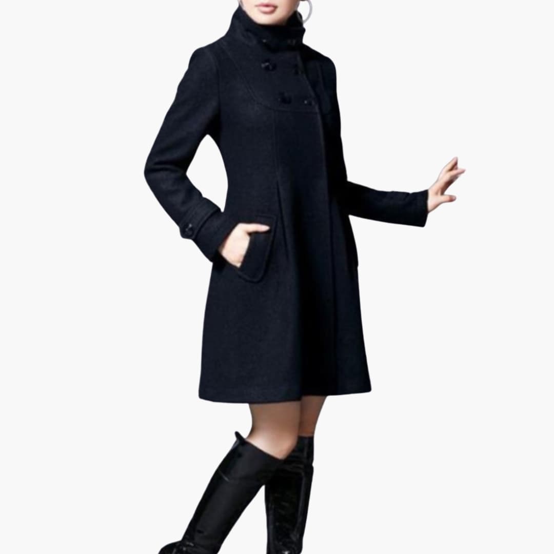 Women's elegant hooded long coat with button closure and pockets, versatile winter outerwear