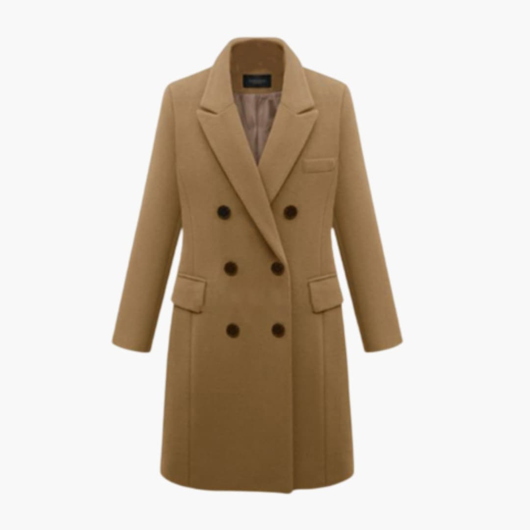 Women's elegant long coat notched lapel collar front pockets button closure everyday outerwear