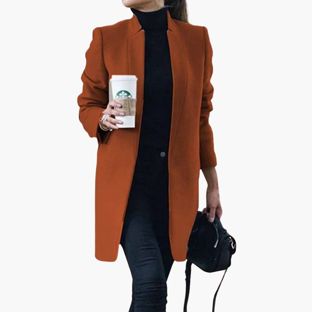 Women's slim fit long coat with front opening, mid-thigh length, sleek midseason layering style