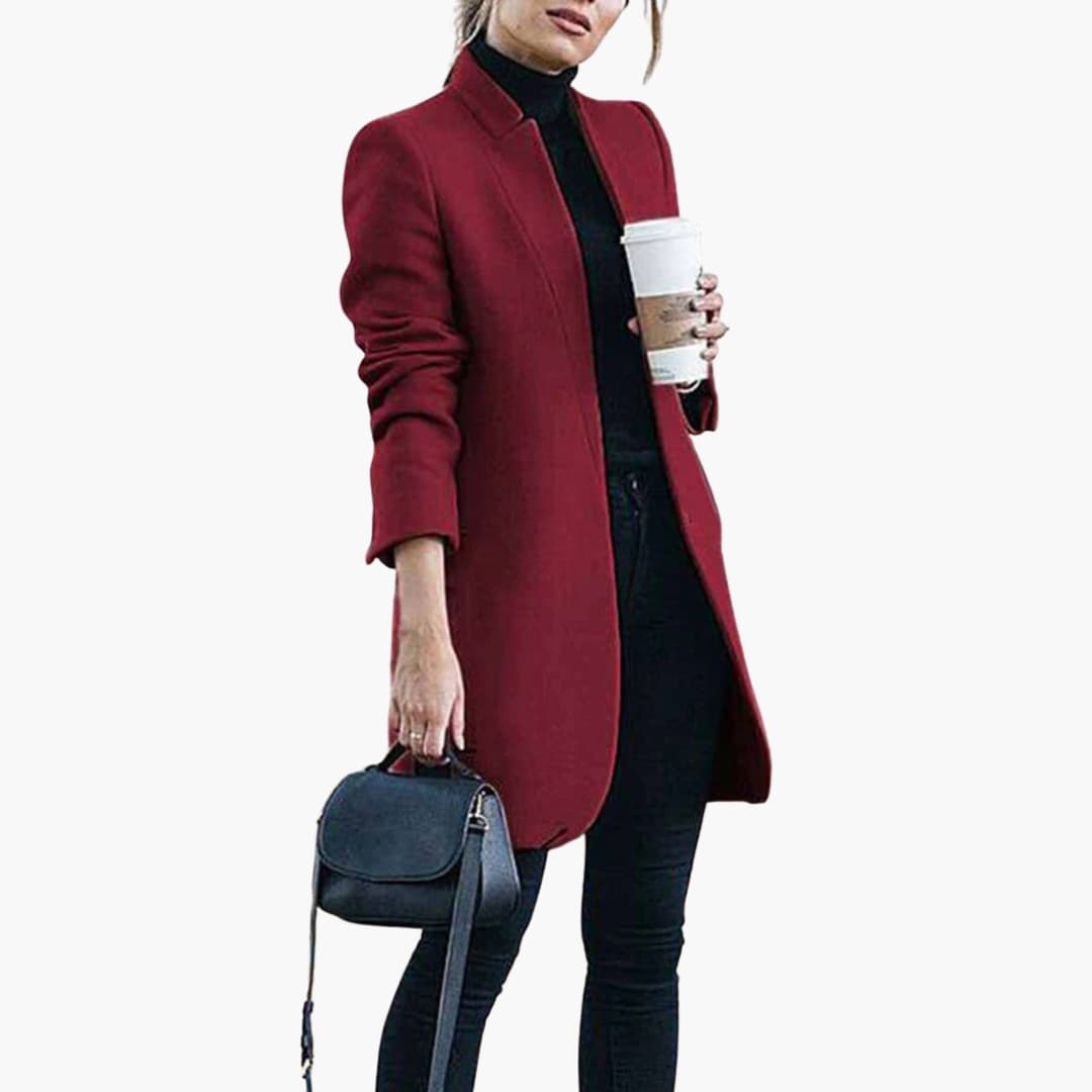 Women's slim fit mid-thigh long coat with front opening, clean contemporary silhouette for layering