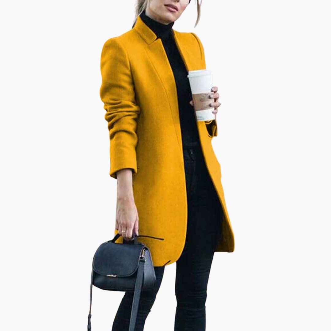 Women's slim fit mid-thigh long coat with open front, perfect for layered midseason styling