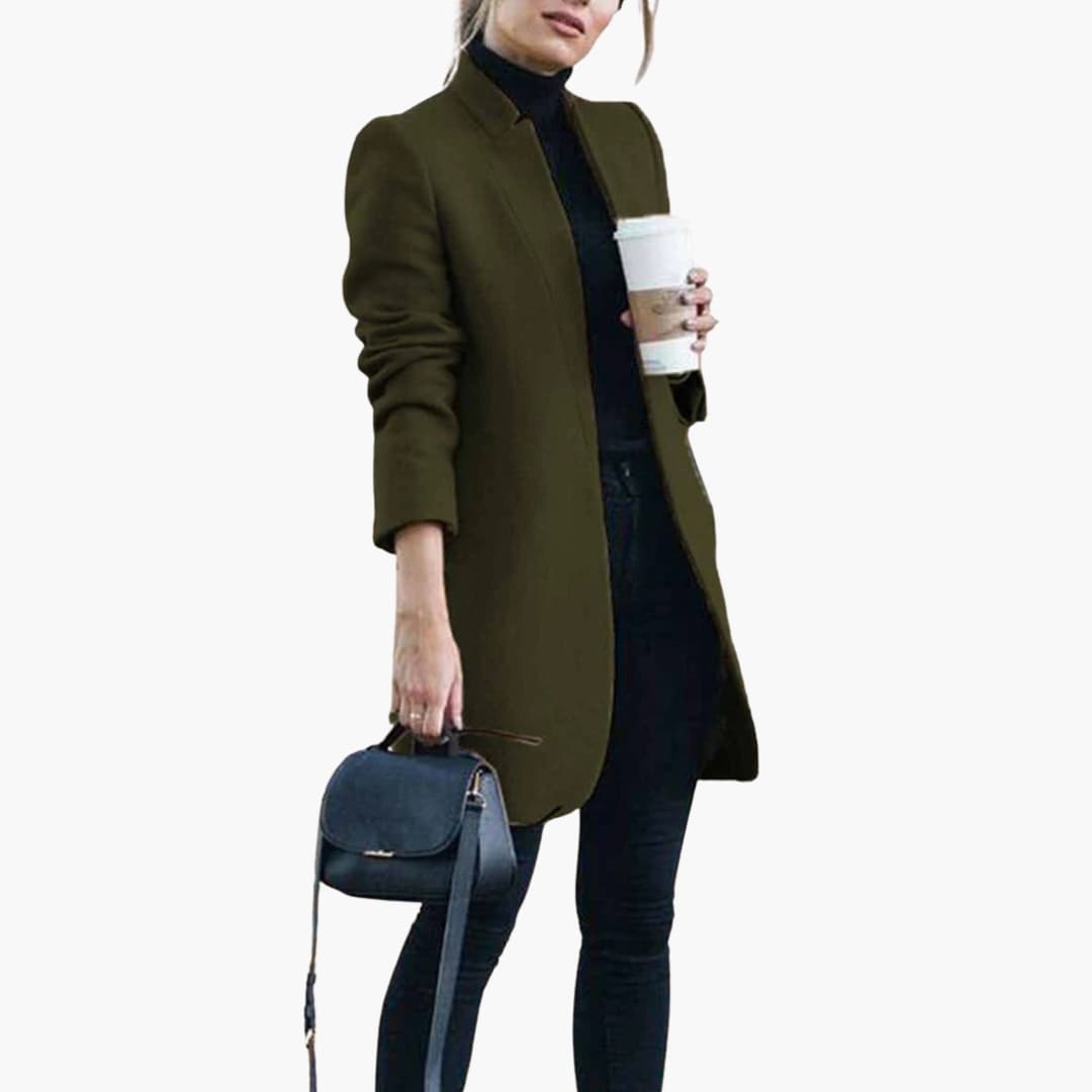 Women's slim fit long coat with front opening, mid-thigh length, ideal for layered midseason styling