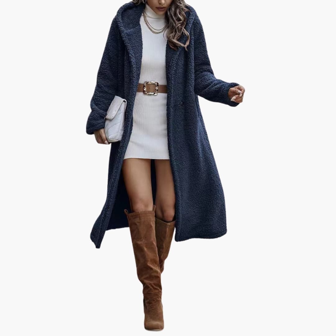 Women's oversized long teddy plush coat with hood and front button closure, cozy warm winter style