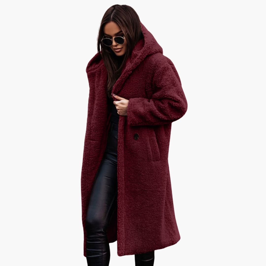 Women's oversized long teddy plush coat with hood and button closure, cozy soft texture