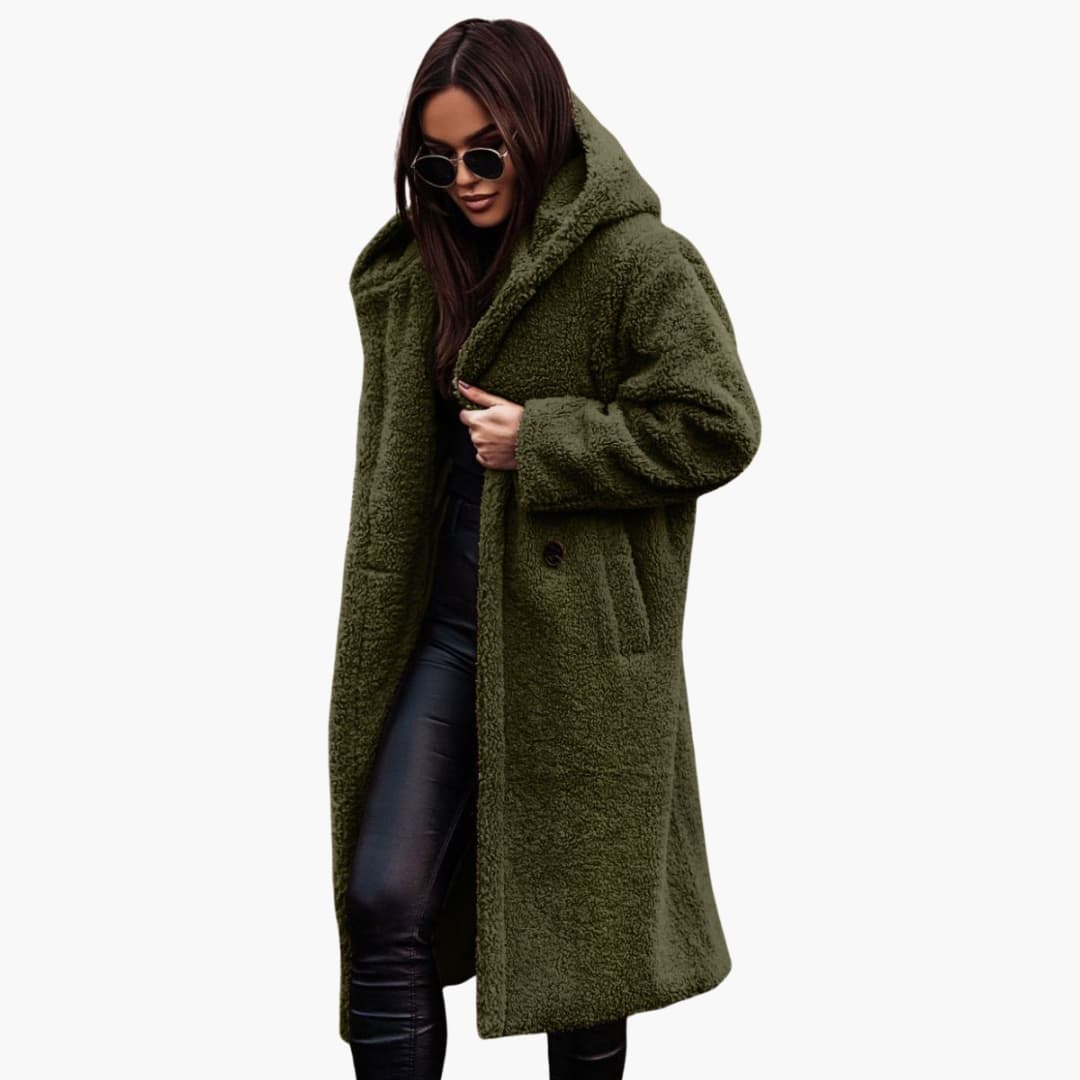 Women's oversized long teddy plush coat with hood and front button closure, cozy winter outerwear