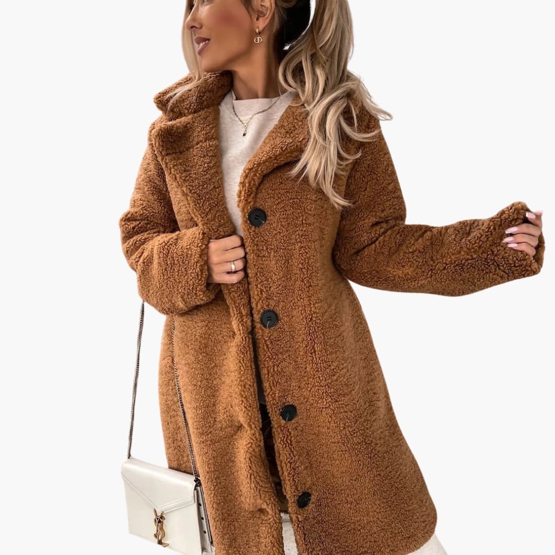 Women's long oversized teddy plush coat with wide collar, cozy fit and button closure