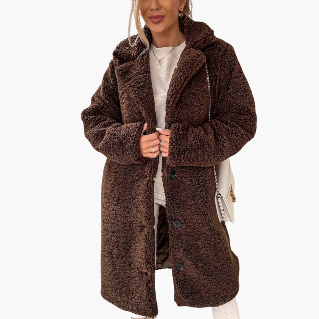 Women's long teddy plush coat oversized cozy fit wide collar button closure warm winter outerwear