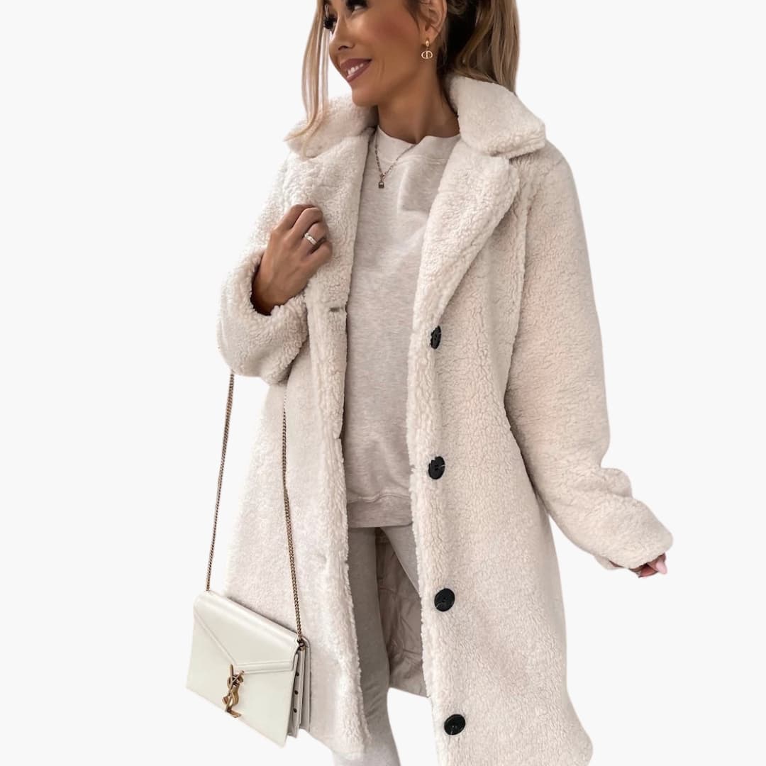 Women's long teddy plush coat oversized cozy fit wide collar button closure warm winter style