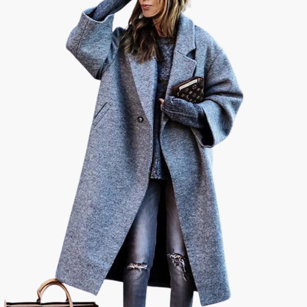 Women's elegant long coat with lapel collar, all-over print, side pockets, and single button closure