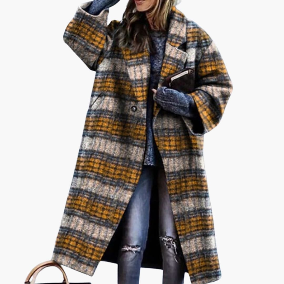 Women's long printed coat with notched lapel collar, side pockets, and polished silhouette
