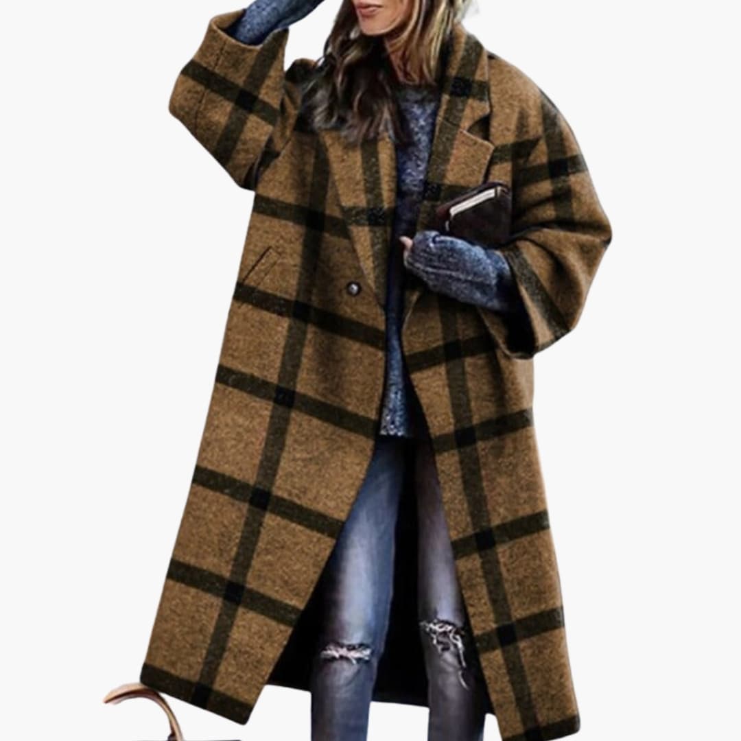 Women's elegant long coat with lapel collar, allover print, side pockets, and polished silhouette