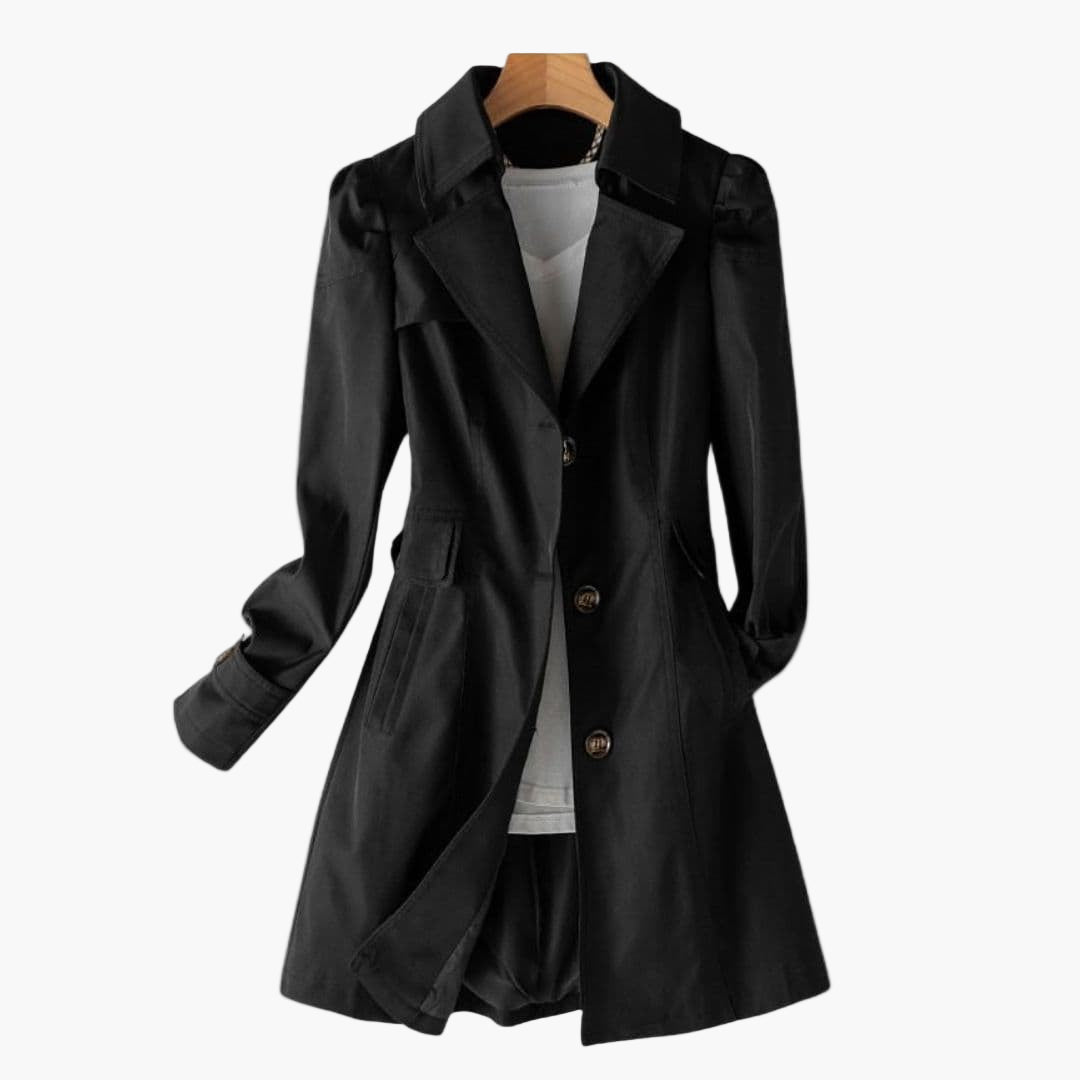 Women's mid-length workwear coat notched collar button closure structured fit with pockets