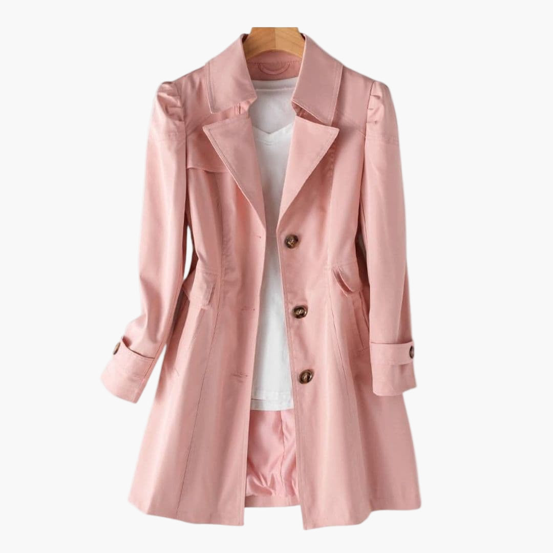 Women's mid-length structured workwear coat with notched collar, button closure, and side pockets