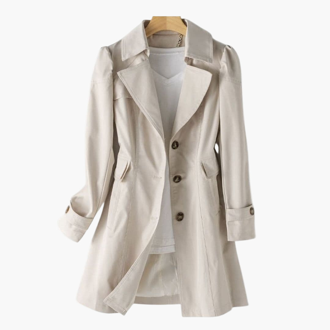 Women's mid-length structured workwear coat with notched collar, button closure, and side pockets