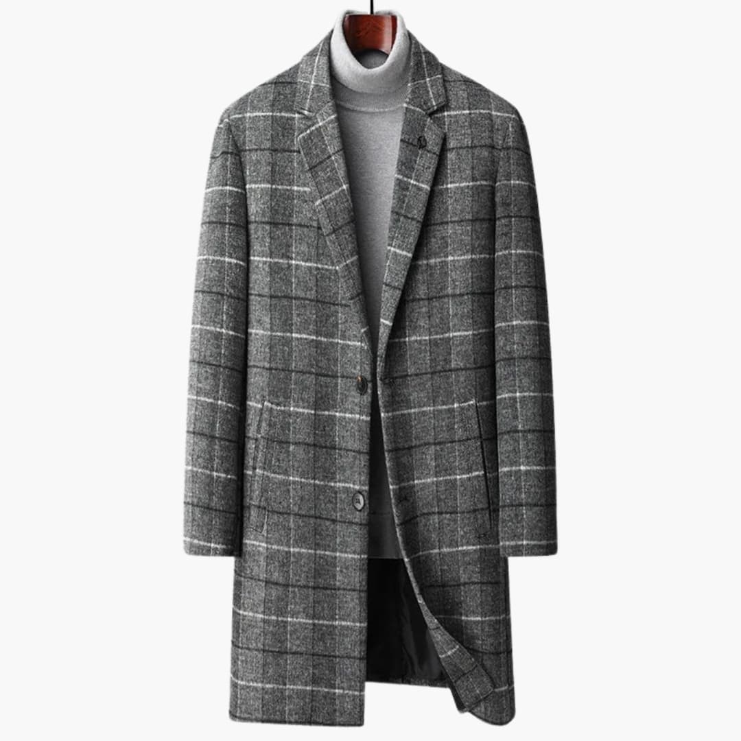 Men's brown plaid coat lapel collar button closure checkered pattern versatile everyday wear