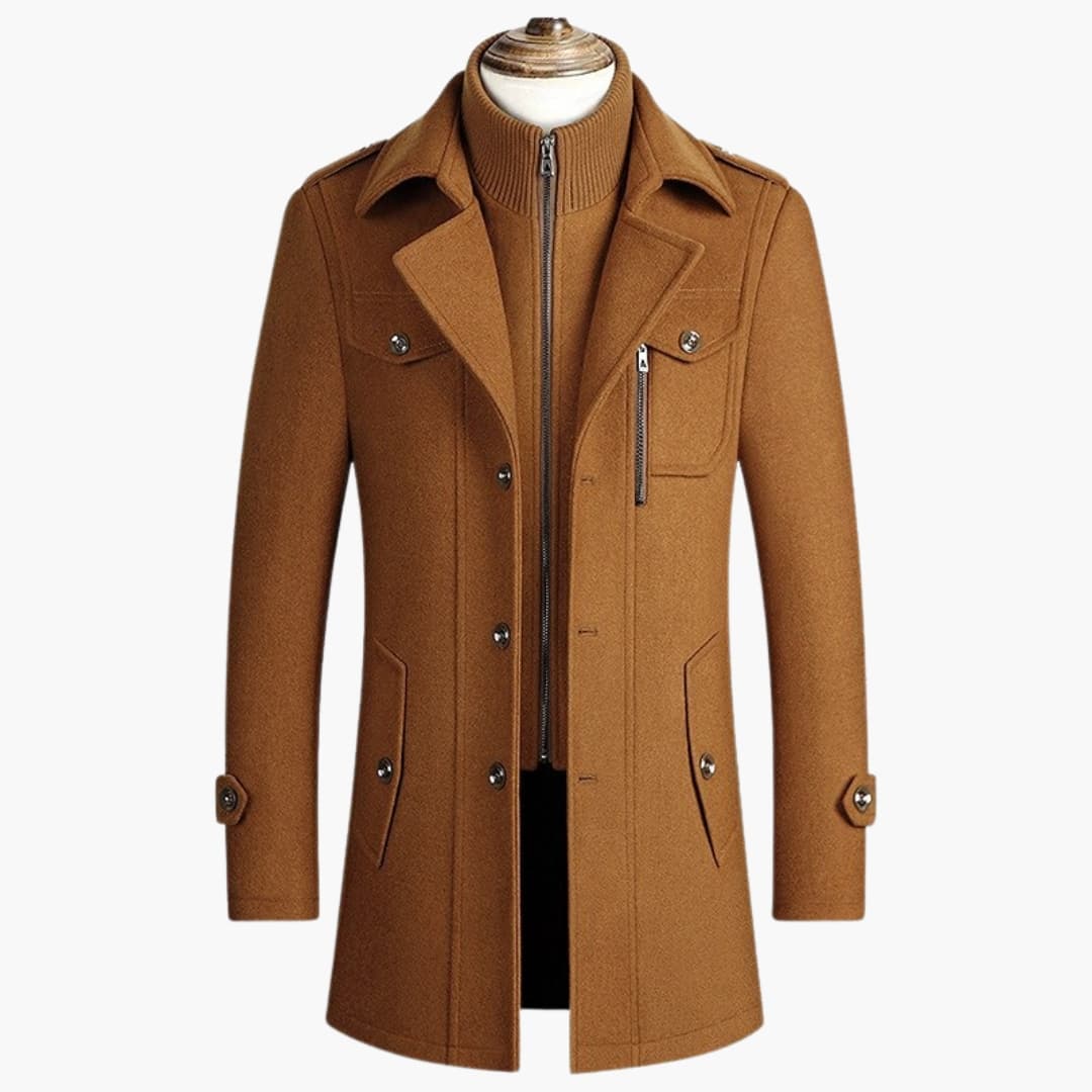 Men's long classic collar coat with front button closure and flap zipped pockets timeless style