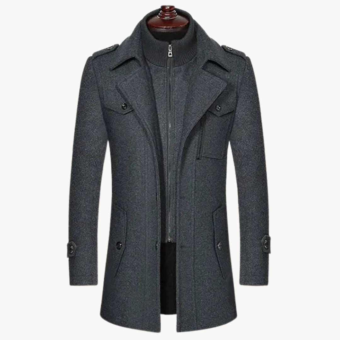 Men's long coat classic collar front button closure flap zip pockets timeless tailored silhouette