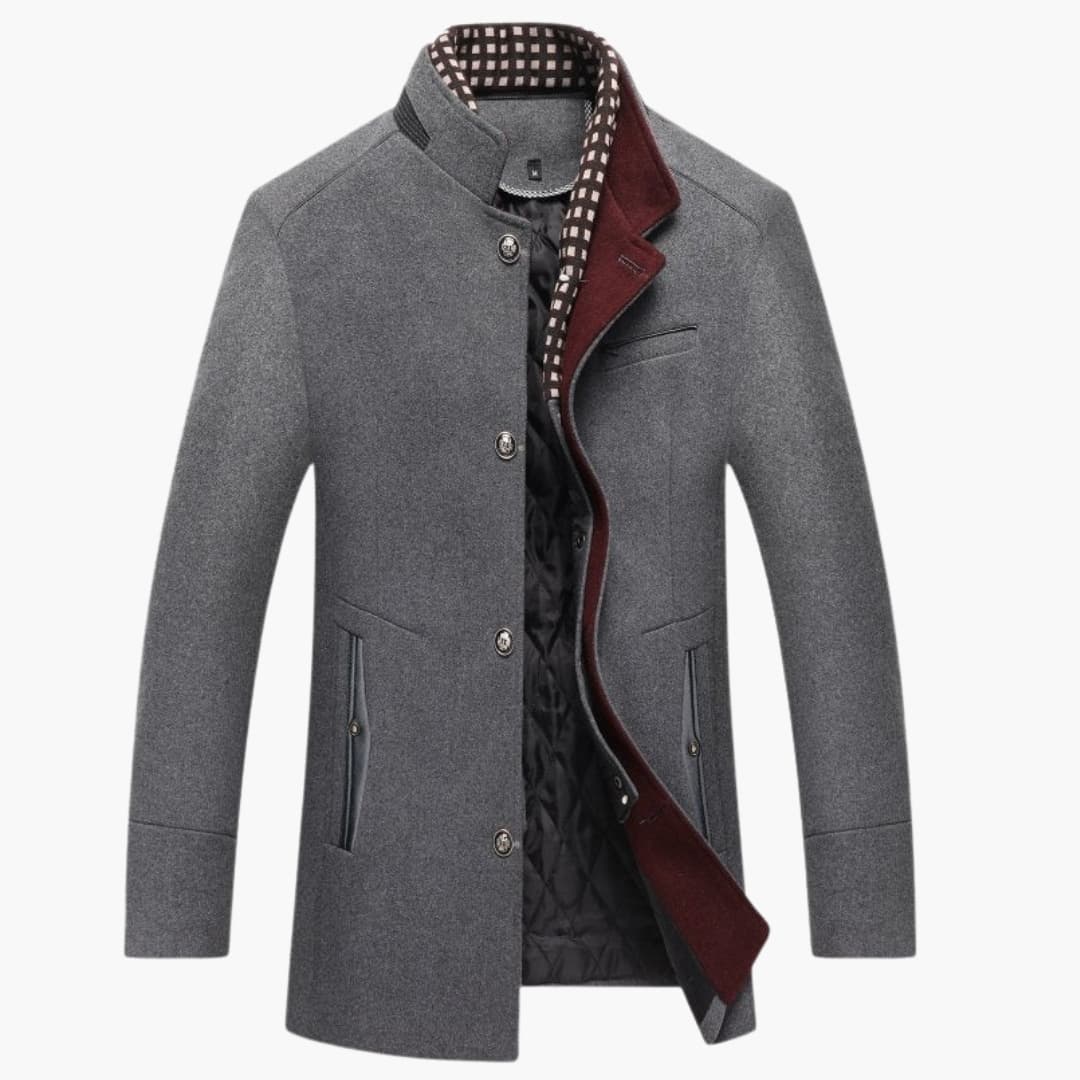 Men's mid-length quilted coat stand-up collar button closure clean silhouette smart-casual outerwear